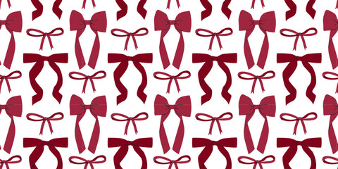 Dark red bows different forms seamless patterns on white background. Cute ribbons bows pattern. Burgundy bows