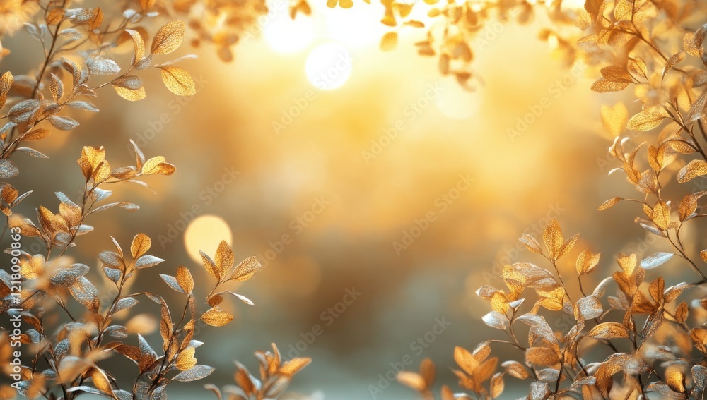 Aufkleber serene golden nature background with delicate leaves framing a soft bokeh glow perfect for tranquil 