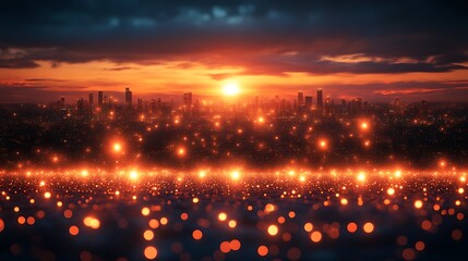 Naklejka premium Cityscape Sunset Glowing Lightscape Urban Night