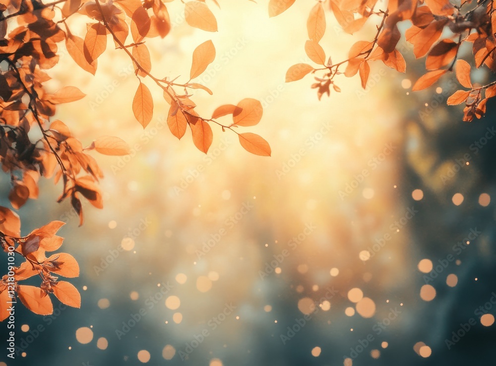 Poster soft golden light filtering through autumn leaves with bokeh effect creating a dreamy atmosphere in 