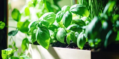 Obraz premium Indoor basil herb garden, sunlight, healthy leaves, kitchen windowsill