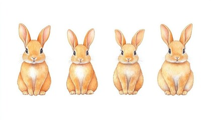 Obraz premium Four adorable, fluffy rabbits sitting in a row against a white background, showcasing their charming expressions