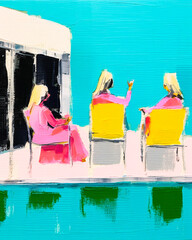 contemporary pop art painting poolside gossip from the 1960s Palm Springs style fashion illustration using muted pastel colors. pink, white, yellow, blue