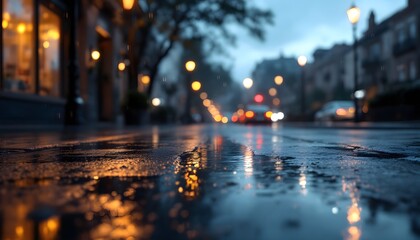 Ultra-realistic street scene during a light drizzle, with wet pavement reflecting streetlights and building facades. The ground should appear glistening and slick from the rain, with small puddles for