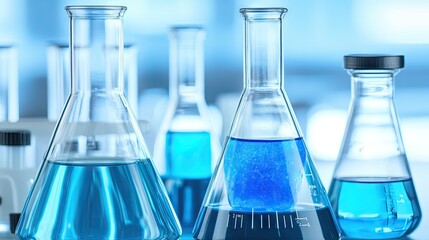 Blue liquids in Erlenmeyer flasks, lab research