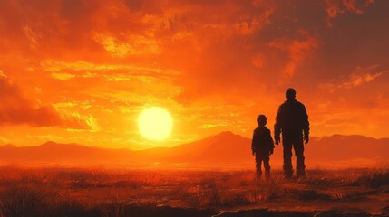 Fototapeta premium Sunset Silhouette: A Father and Son's Moment of Reflection Against a Fiery Sky