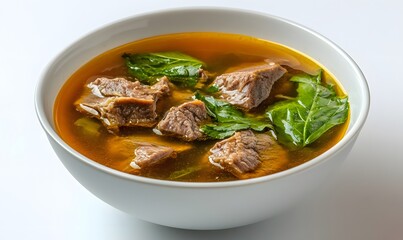 Beef soup bowl, studio shot, herbs, white background, recipe