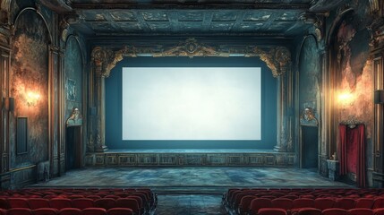 Empty Vintage Cinema Theater With Blank White Screen And Red Seats, Mockup Background