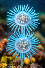 Fototapeta premium Beautiful Blue Marine Organisms with Radiating Tentacles Underwater