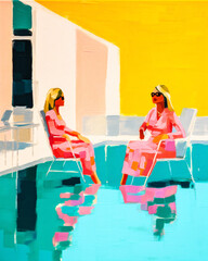 poolside gossip as a contemporary pop art painting from the 1960s Palm Springs style fashion illustration using muted pastel colors. pink, white, yellow, blue