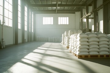 Sunlit warehouse interior with stacked sacks.
