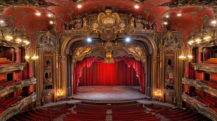 Obraz premium Ornate theater interior, red velvet curtain, empty stage, grand architecture.