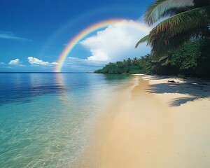 Fototapeta premium Tropical beach scene with rainbow.