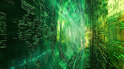 computer screen displays a mesmerizing backdrop of green digital binary data, evoking a matrix-style aesthetic that captures essence of abstract technology