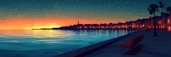 Serene sunset over a coastal town with a bench.