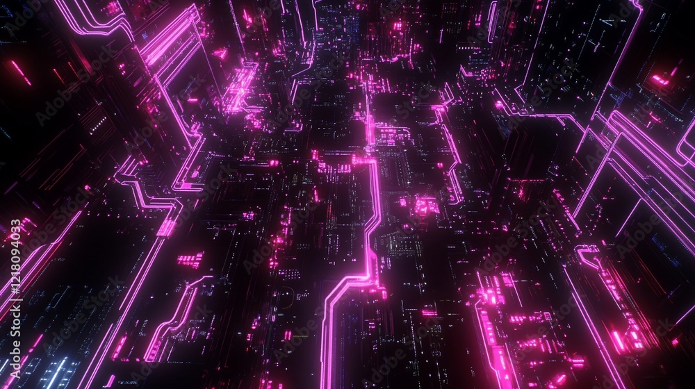 Poster futuristic glowing pink lines on a black background with complex network patterns