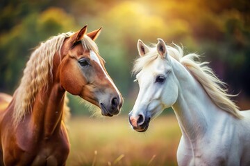 Obraz premium A captivating tilt-shift photo: two horses, one white, one brown, facing off in miniature.