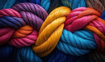 close up knot of rope, Team rope diverse strength connect partnership together teamwork unity communicate support. Strong diverse network rope team concept integrate braid color background 