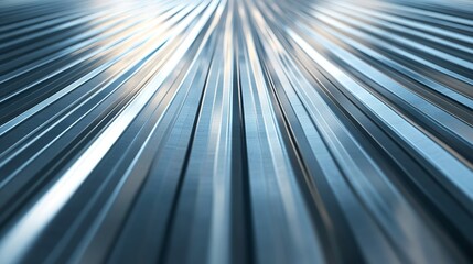 Glossy galvanized ribbed corrugated steel sheet, showcasing a close-up texture of roofing metal cladding.
