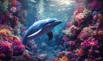 Dolphins and a reef undersea environment. electronic collage images as wallpaper