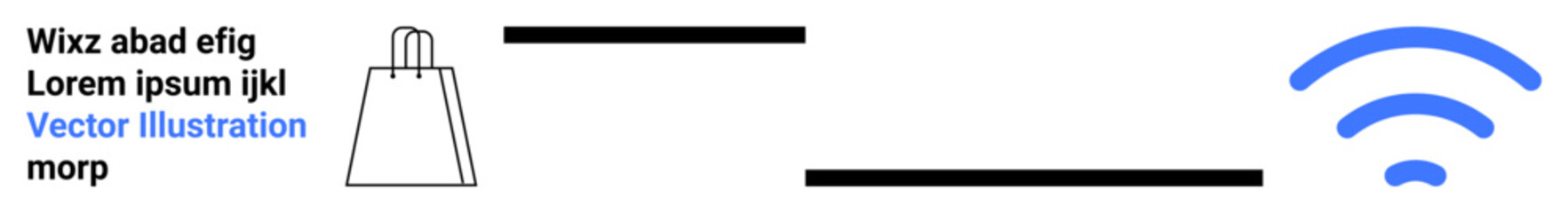 Obraz premium Simple image with a minimalist shopping bag icon, multiple text lines, and a blue wireless signal on a white background. Ideal for e-commerce, digital marketing, online shopping, technology