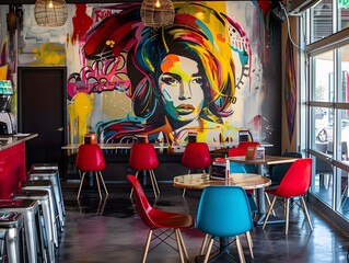 Illustration of Anti-Design Trendy Cafe": A hip cafe with mismatched furniture, bold color palettes, and abstract wall art, offering a unique and trendy atmosphere for patrons. Ai Generate.
