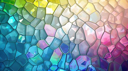 Digital Art Background of Abstract Mosaic Made from Colorful, Broken Pieces of Glass and Stone. Intricate Patterns with Light Reflections on the Cracks, Featuring Deep Purples to Bright Oranges and Ye