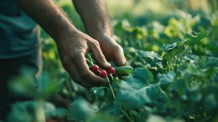 Hands, sustainable and man with radish on farm for agriculture, nutrition or produce business. Organic, outdoor and closeup of male person with fresh vegetables for food production in countryside