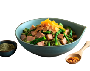 The food in the bowl consists of a mix of ingredients such as green vegetables, pieces of meat or other proteins, and a topping that looks like fish flakes or other dry ingredients