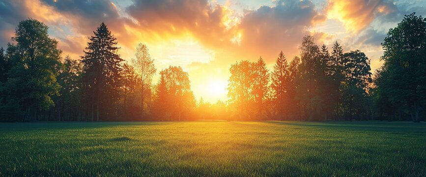 Vibrant sunset over a lush green field and silhouetted trees.
