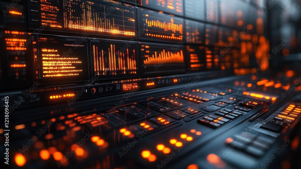 Poster futuristic control panel interface: a glowing display of data and technology