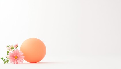 Fototapeta premium Soft peach sphere beside delicate pink flowers on a clean white background, ideal for minimalistic design projects
