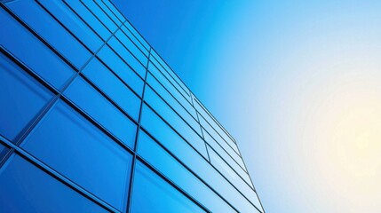 Modern skyscraper reflecting blue sky and sunlight