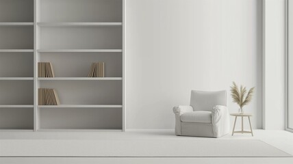 Photorealistic image of a minimalist living room with a large white bookcase, a single armchair, and a neutral rug
