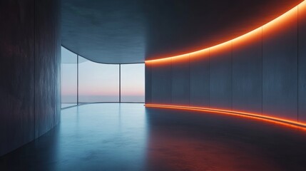 Empty Contemporary Gallery Space With Curved Walls, Orange Lighting, And Beautiful Sunset View
