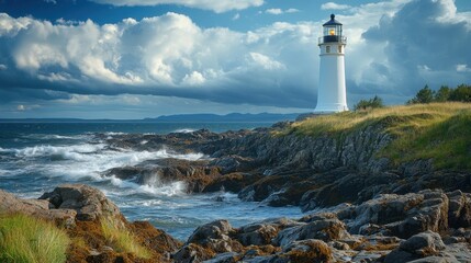 Fototapeta premium Majestic lighthouse shines brightly in stormy seas, a beacon of hope