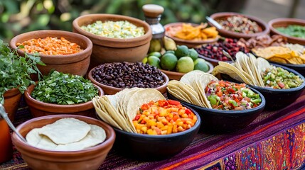 Creative taco spread featuring diverse fillings at a vibrant outdoor event in a sunlit garden