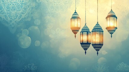 Obraz premium Islamic theme with hanging lanterns and ornamental patterns. blue color