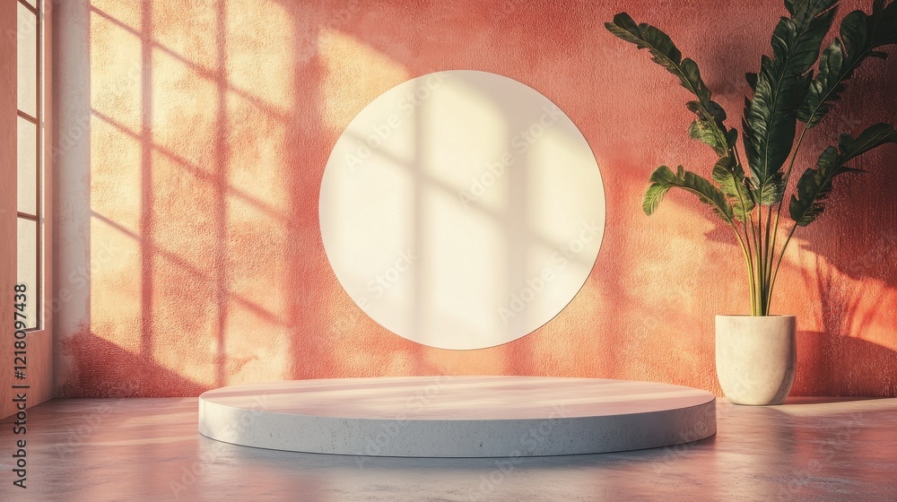Poster Minimalist product display with a round platform and plant. Perfect for showcasing products or branding, creating a clean and modern aesthetic.