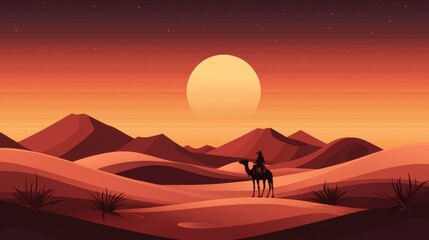 Fototapeta premium Serene sunset in a desert landscape with a lone rider