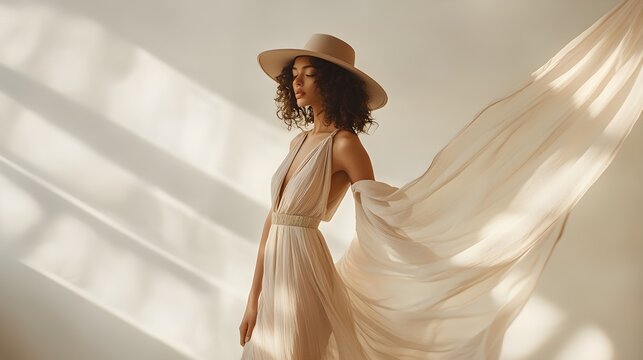 elegant woman in beige dress and hat with flowing fabric