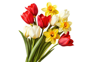 Colorful bouquet of red tulips and yellow daffodils with green leaves isolated on white or transparent, PNG