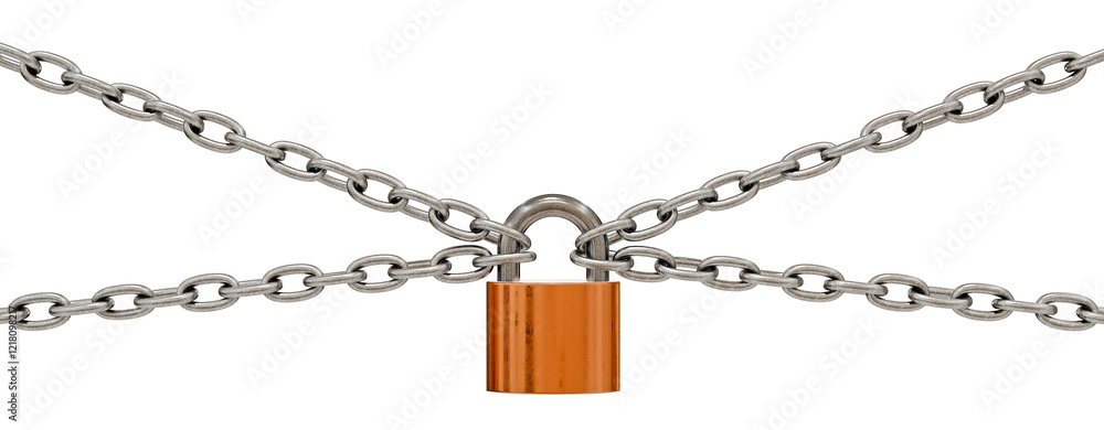 Poster locked down: a dramatic image of a padlock securing a network of intersecting chains, symbolizing se