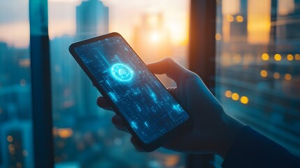 person holding smartphone with cybersecurity icon at sunset