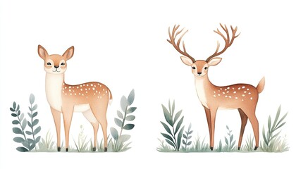 Obraz premium Two stylized deer standing amidst soft green foliage, showcasing a serene forest environment