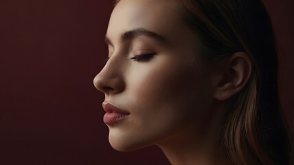 Profile of young beautiful woman with her eyes closed - peace of mind concept - calm and relax or being in present moment with meditation or contemplation with deep breath - in focus of deep thoughts