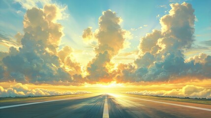 Naklejka premium runway at airport stretches out like a gleaming ribbon, basking in golden hues of a radiant sunrise, with sky painted in a gradient of blue and yellow, as fluffy cumulus clouds drift lazily by.