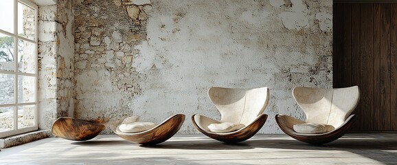 Three modern wooden rocking chairs and ottoman in a rustic room.