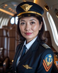 Obraz premium Asian middle aged female pilot private jet interior background portrait with copy space