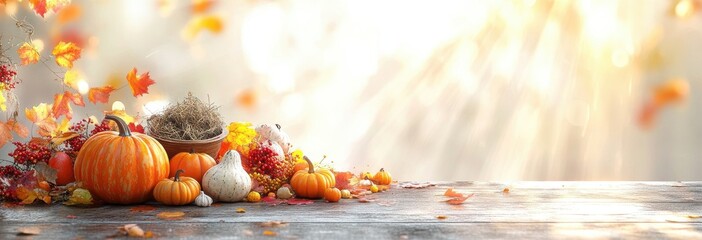 Vibrant Autumn Harvest Display with Pumpkins, Gourds, and Colorful Leaves Against a Soft Light Background Evoking the Spirit of Fall Festivities and Thanksgiving Celebrations